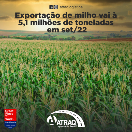 ATRAQ Logstica O Brasil exportou 5.101.740,9 toneladas de milho não moído (exceto milho doce) até aqui no mês de setembro, de acordo com o relatório divulgado pelo Ministério da Economia, por meio da...