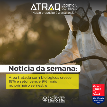 ATRAQ Log�stica O mercado brasileiro de bioinsumos movimentou R$ 1,82 bilh&atilde;o no primeiro semestre de 2026, alta de 9,6%, e a &aacute;rea tratada subiu 18,3%, para 46,2 milh&otilde;es de hectares, segundo o CropData, da CropLife Brasil. No...